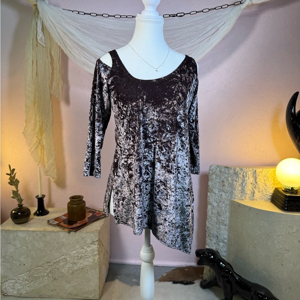 Vintage crushed velvet tunic top in deep charcoal / lavender | SMALL